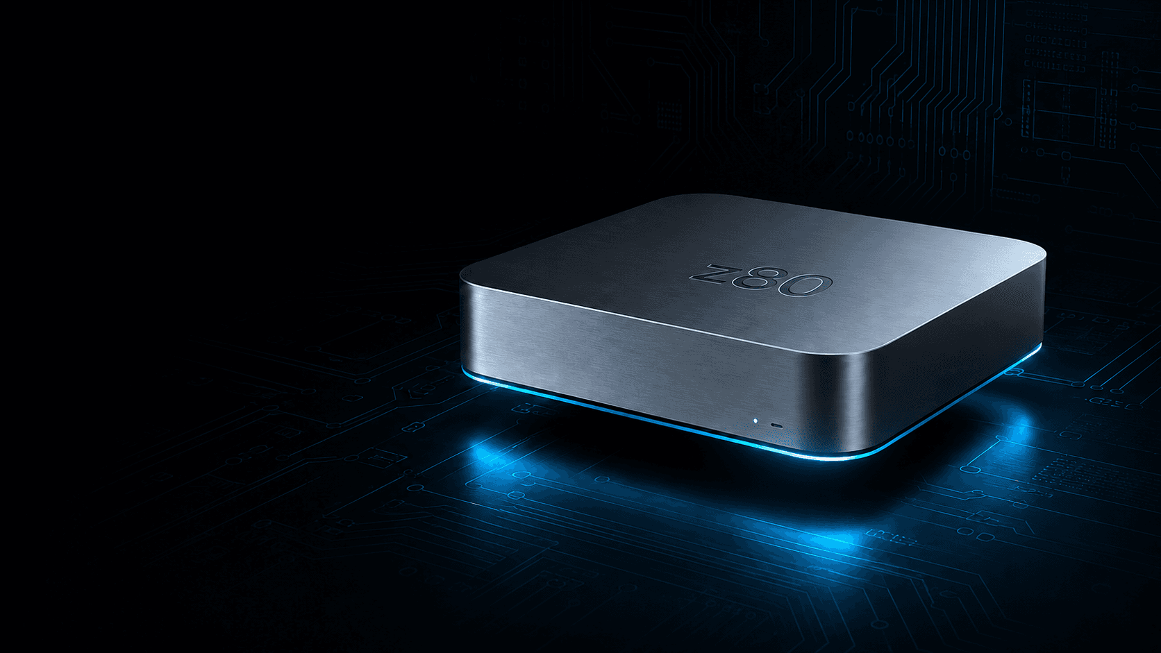A dedicated Mac mini glowing with electric cyan light on a circuit field