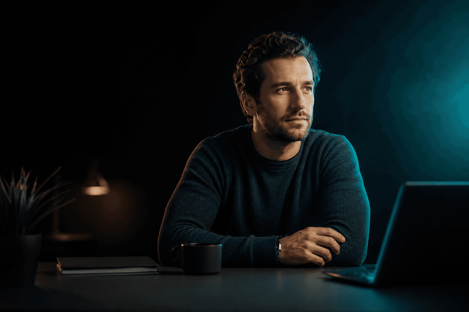 A high-performer working alongside their personal AI team, lit in cyan