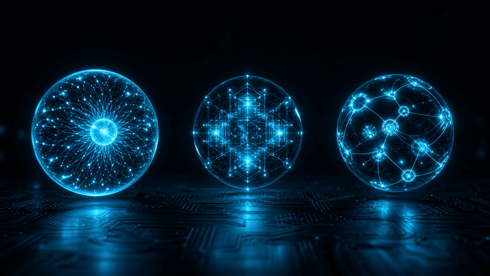 Layered software systems glowing in cyan