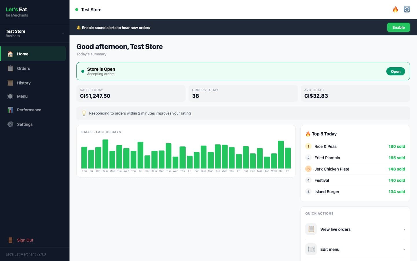 Let's Eat merchant dashboard
